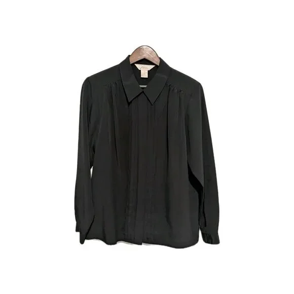 Vintage 80s Black Poly Pleated Front Secretary Blouse 12 L Padded Shoulder - Picture 1 of 4